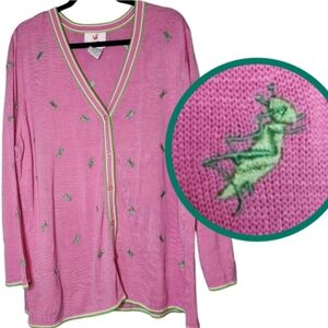 Quacker Factory Grasshopper Embroidery Pink Knit Cardigan Sweater Silk Cotton 2X